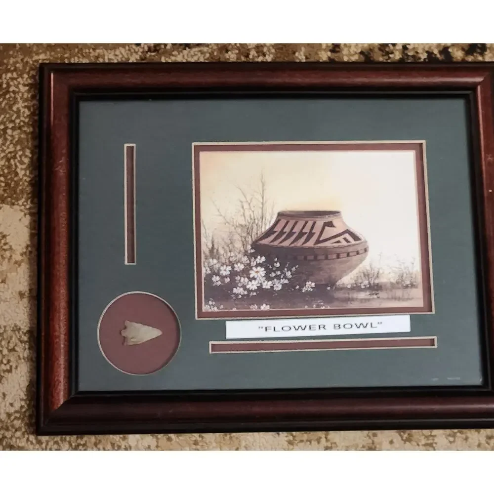 Native American Real Arrow Head and Matted Painting Framed Flower Bowls - Picture 4 of 7